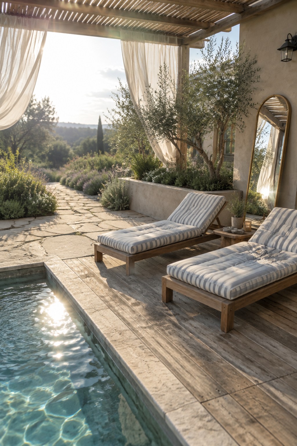 Two wooden lounge chairs with blue and white striped cushions sit on a deck beside a pool, with a stone path, garden beds, and trees in the background.
