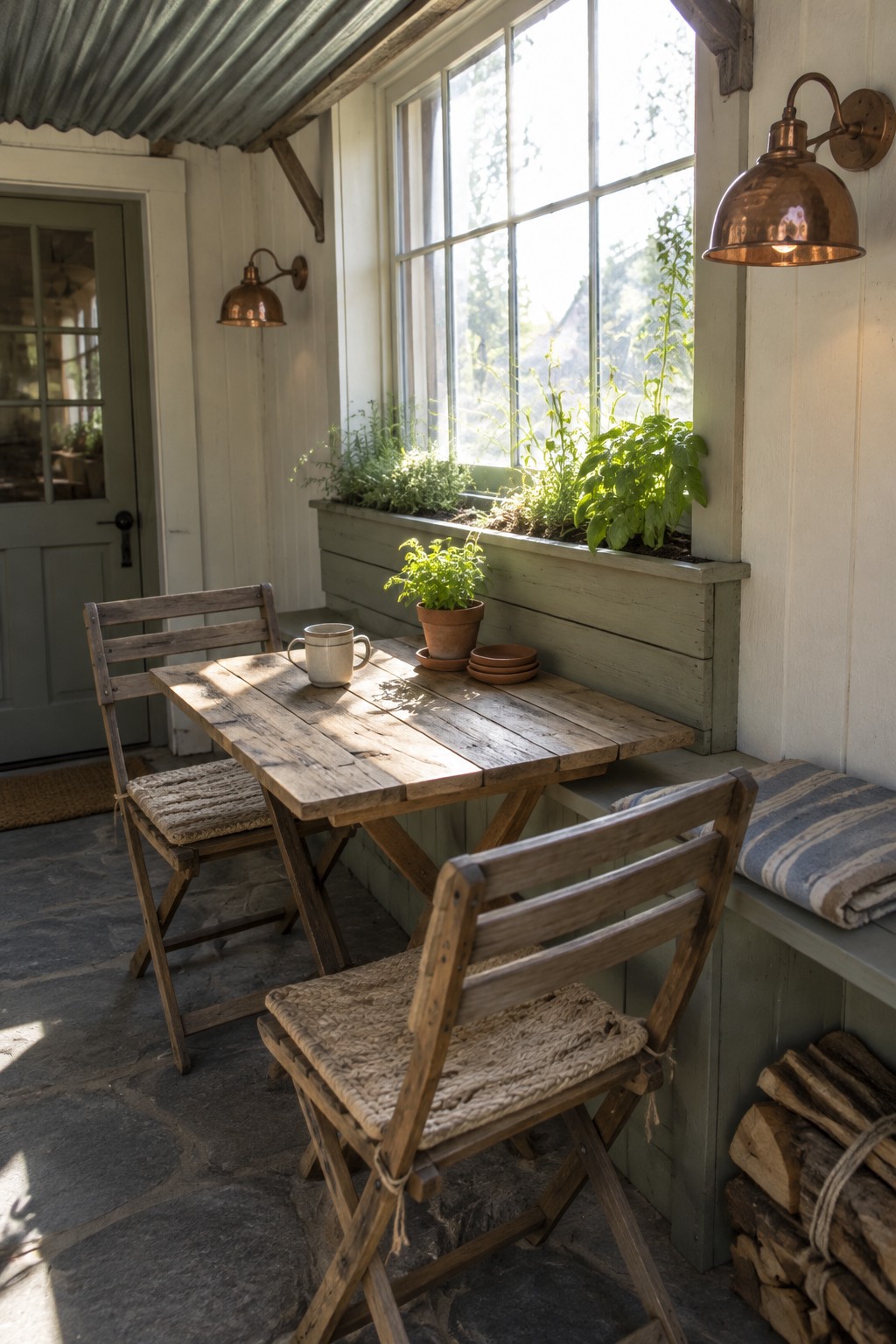 A wooden table with two woven-seat folding chairs sits on a stone patio beside a house with a window planter box and copper sconce.