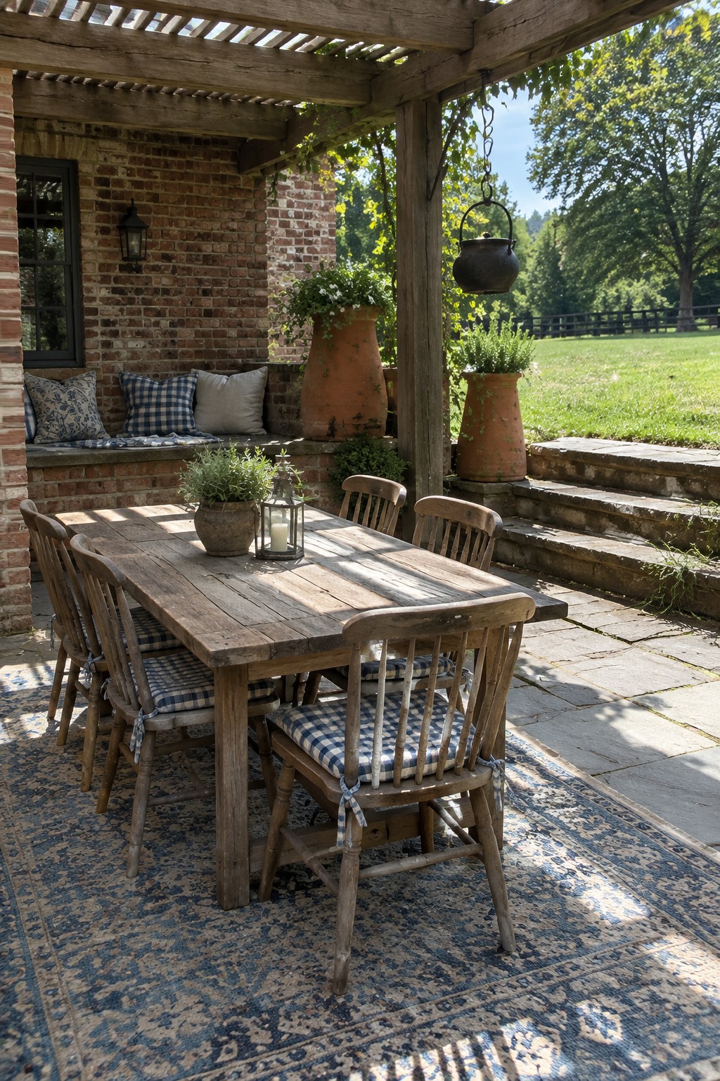 A weathered wooden dining table surrounded by spindle-back chairs on a blue patterned rug under a wooden pergola next to a brick wall.