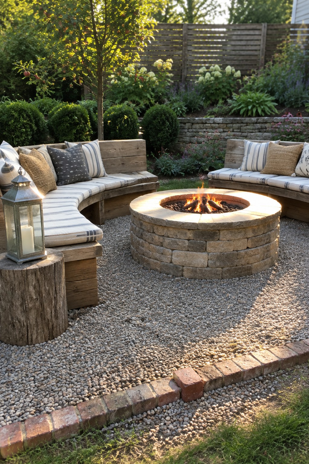Curved wooden benches with cushions around glowing stone fire pit on gravel patio