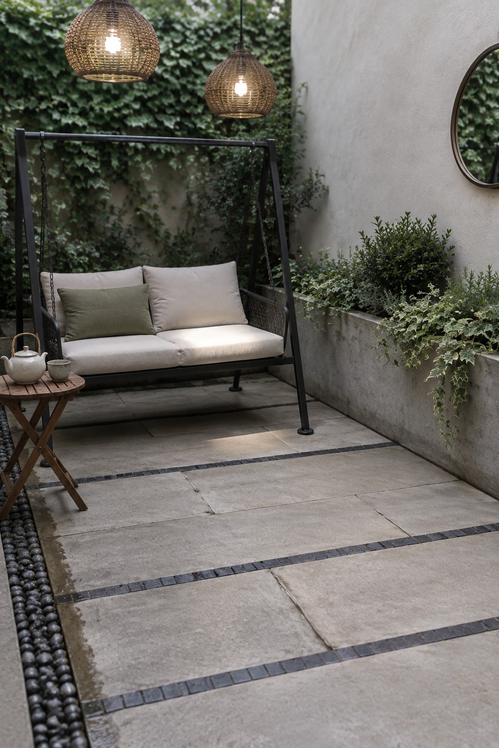 An outdoor patio with large concrete pavers separated by dark narrow joints, a pebble border along one edge, and a black metal swing with cushions.