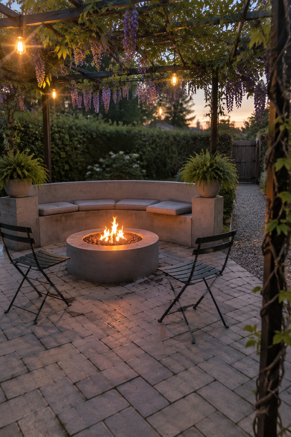 An outdoor patio made of concrete pavers with a round concrete fire pit, curved bench seating, two folding chairs, and a wooden pergola with string lights and hanging wisteria at dusk.