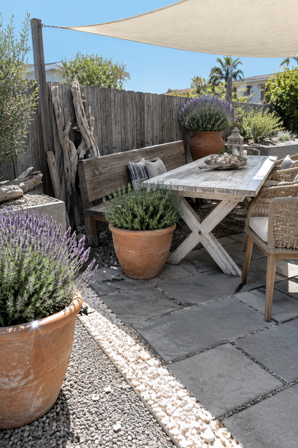 An outdoor patio with square gray concrete pavers, a white gravel border, wooden table and bench, and large terracotta pots holding lavender.