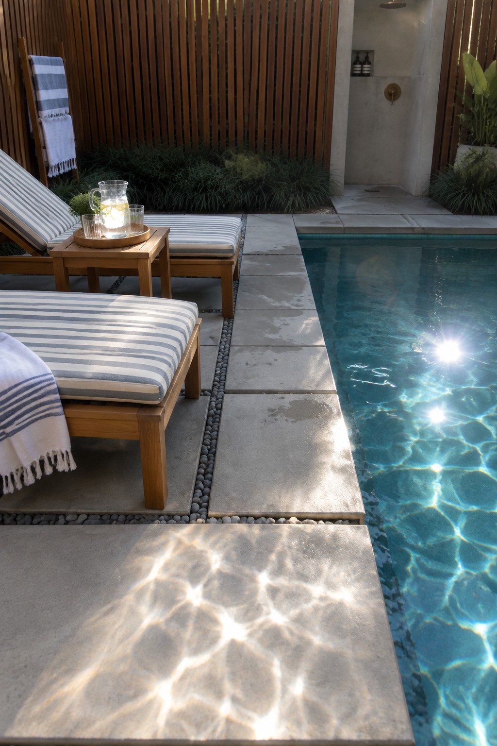 Large rectangular concrete pavers form a patio surface directly beside a swimming pool, with wooden lounge chairs and a small side table on the left.