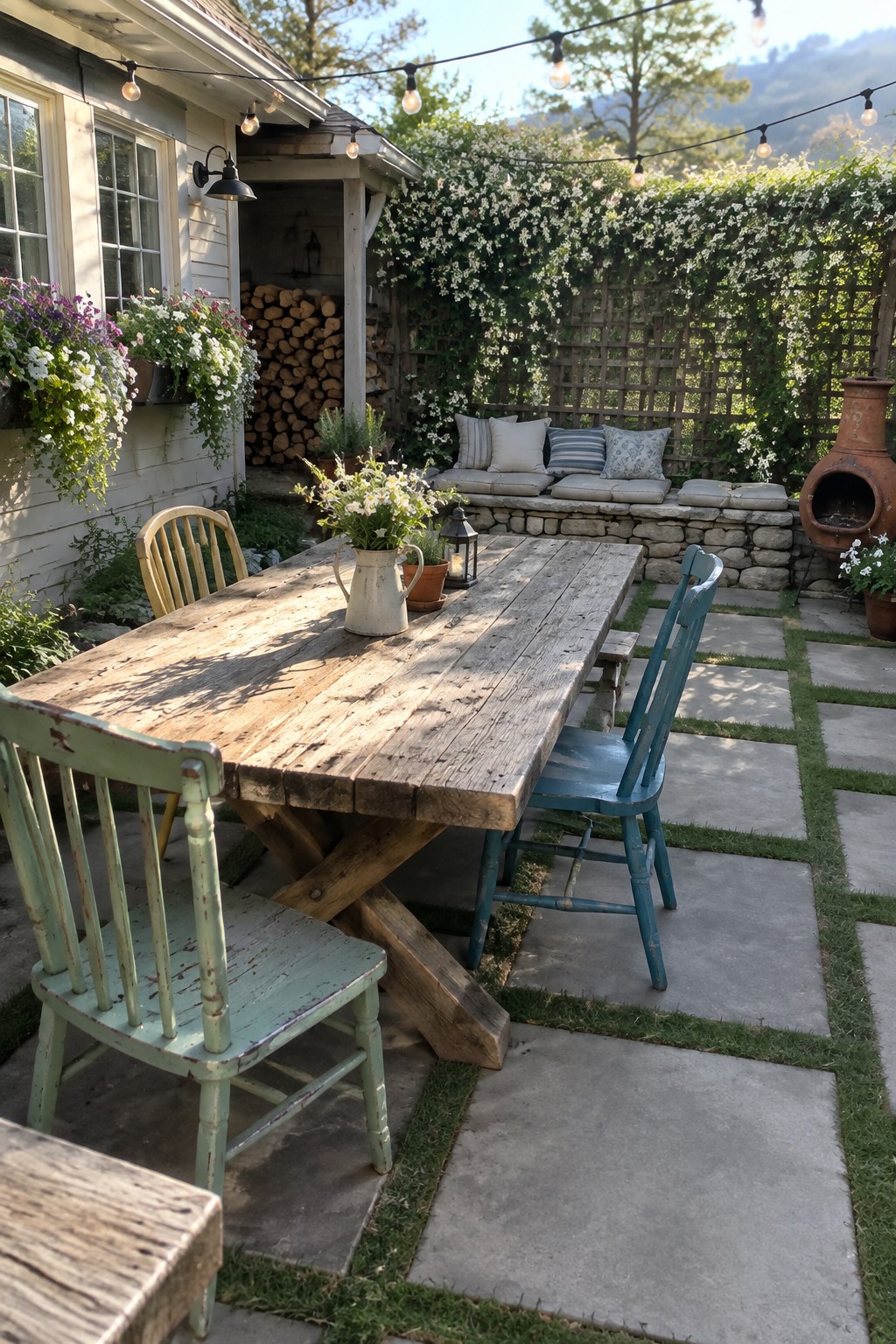 An outdoor dining area with a weathered wooden table and mismatched chairs placed on a grid of concrete pavers separated by strips of grass, with a stone bench and clay fireplace visible in the background.