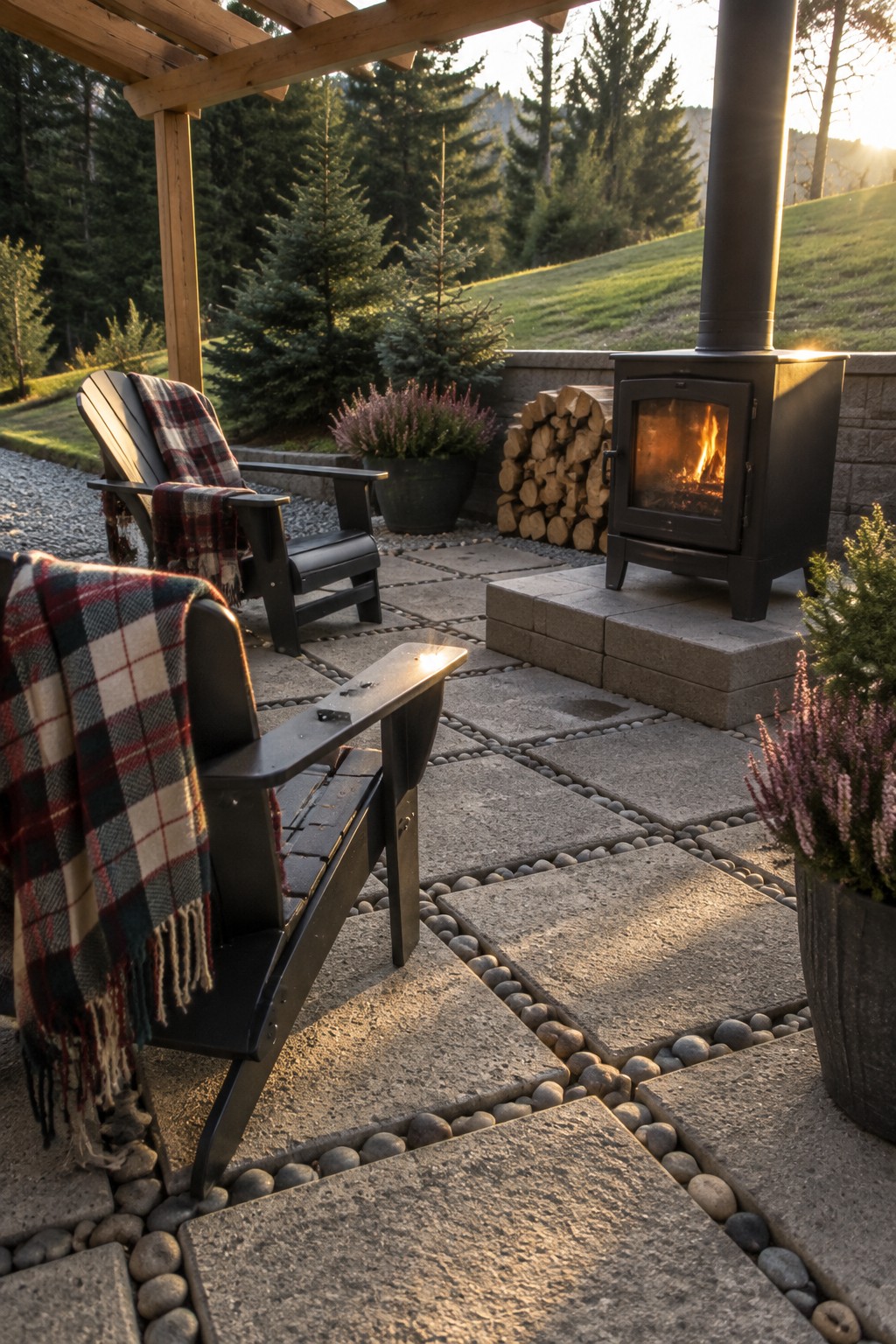 A patio of large concrete pavers with pebble joints holds two black Adirondack chairs with plaid blankets and a black wood stove on a raised stone platform.