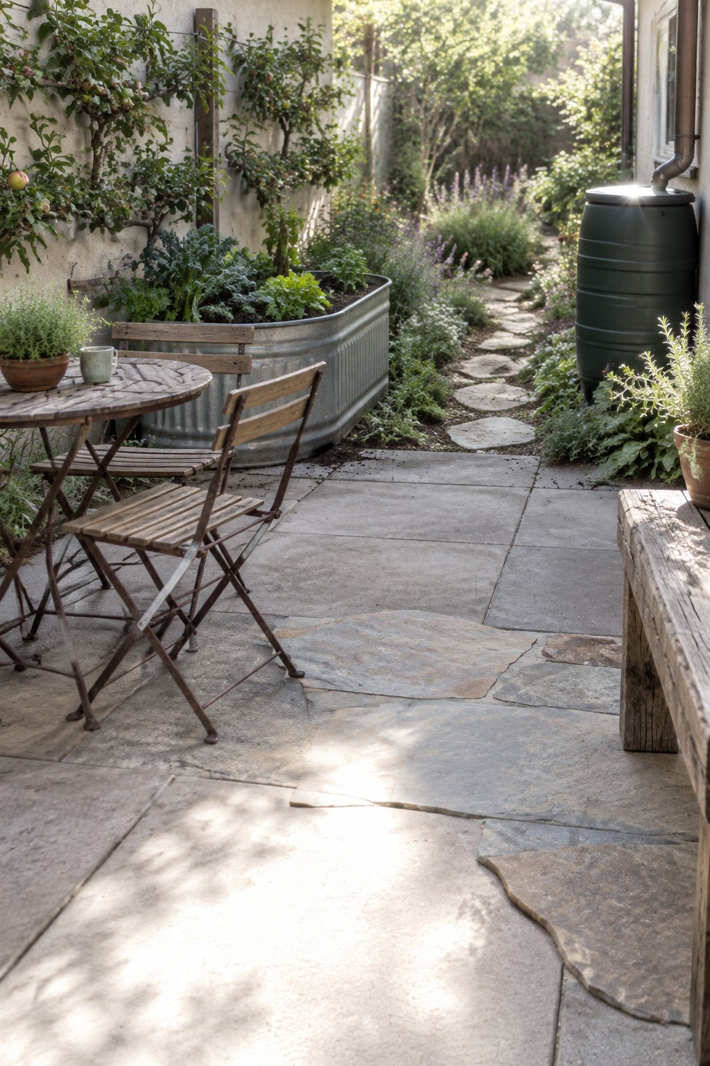 Stone patio with wooden table, chairs, metal planter, rain barrel, and garden path
