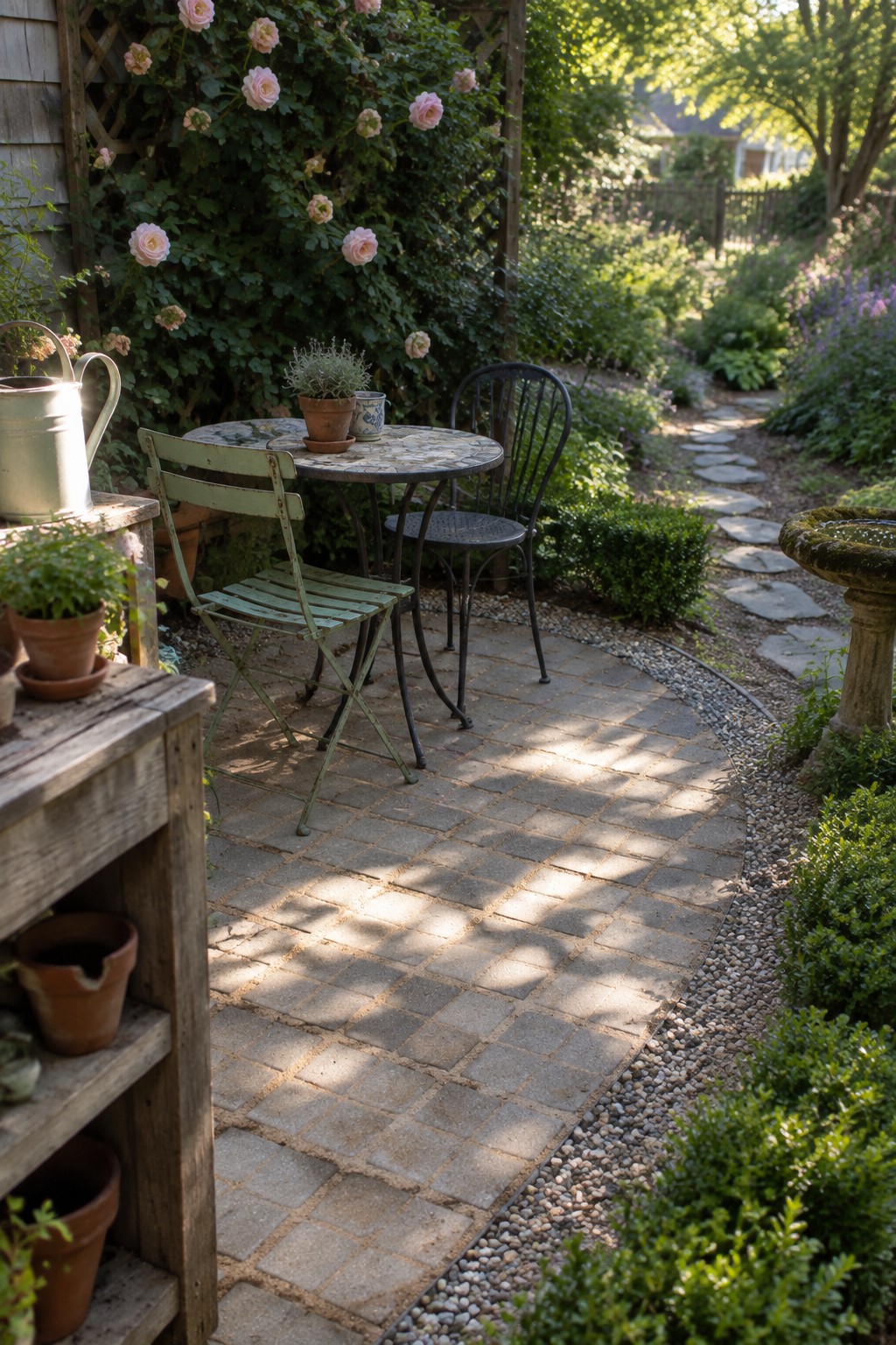 A curved patio of gray concrete pavers with a round table and two chairs, bordered by gravel and surrounded by garden plants and a wooden shelf.