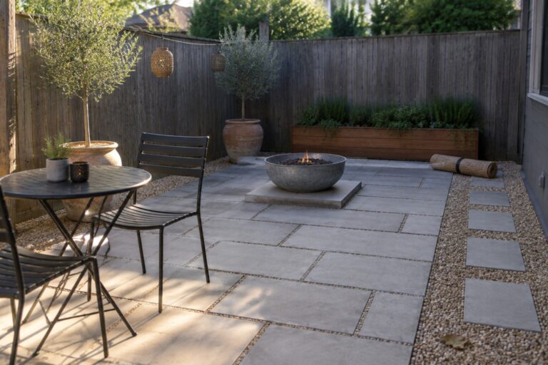 21 Affordable Paver Patio Ideas Using Basic Concrete Pavers A rectangular patio of large gray concrete pavers with a metal fire pit on a raised stone base, black metal chairs, and gravel borders along a wooden fence.