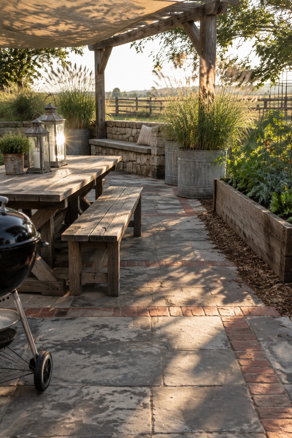 Rustic wooden table and bench on stone patio with grill and lanterns