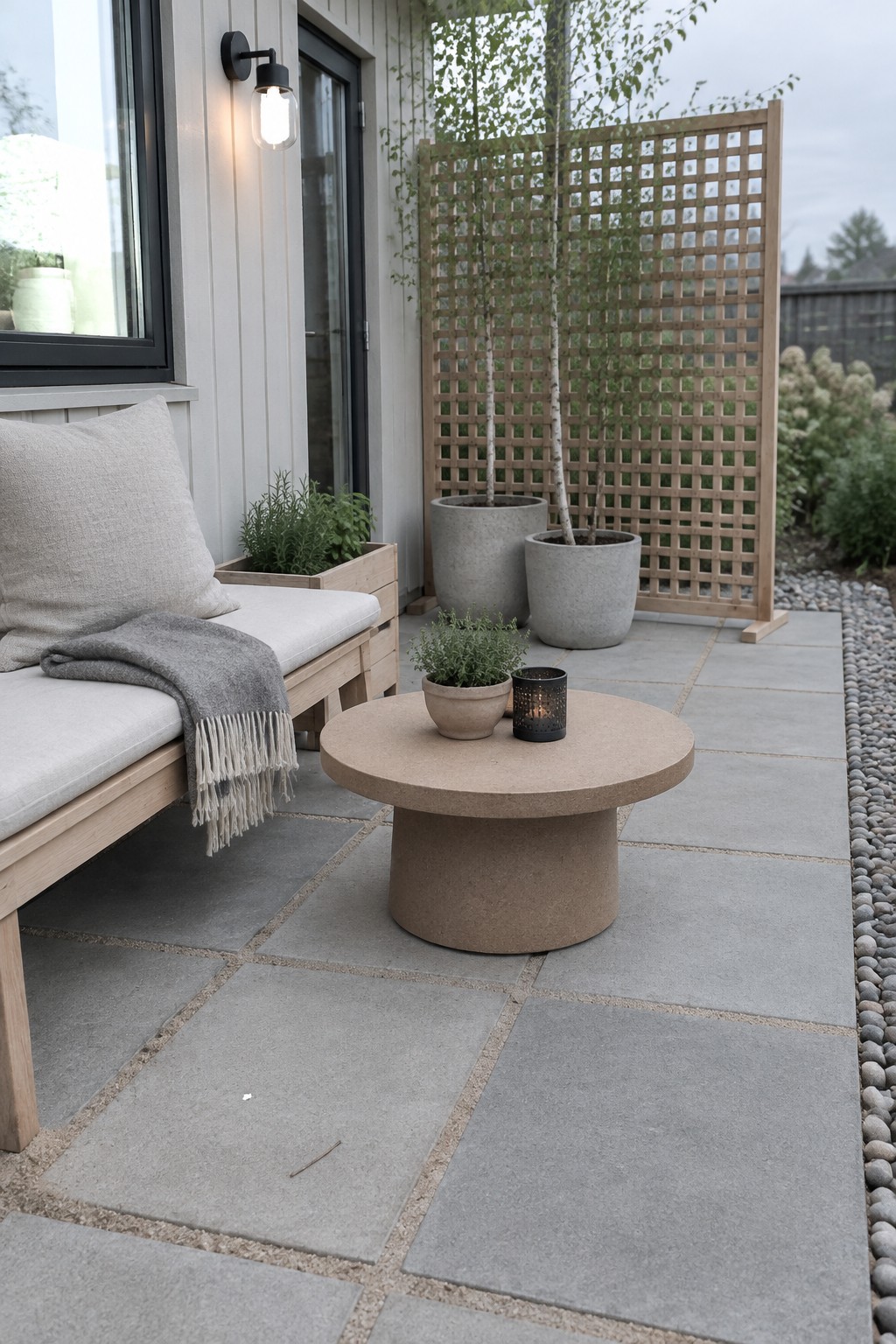 Patio area paved with large gray concrete pavers, featuring a light wood bench with cushions, a round concrete table, potted plants, and a wooden lattice screen in the background.
