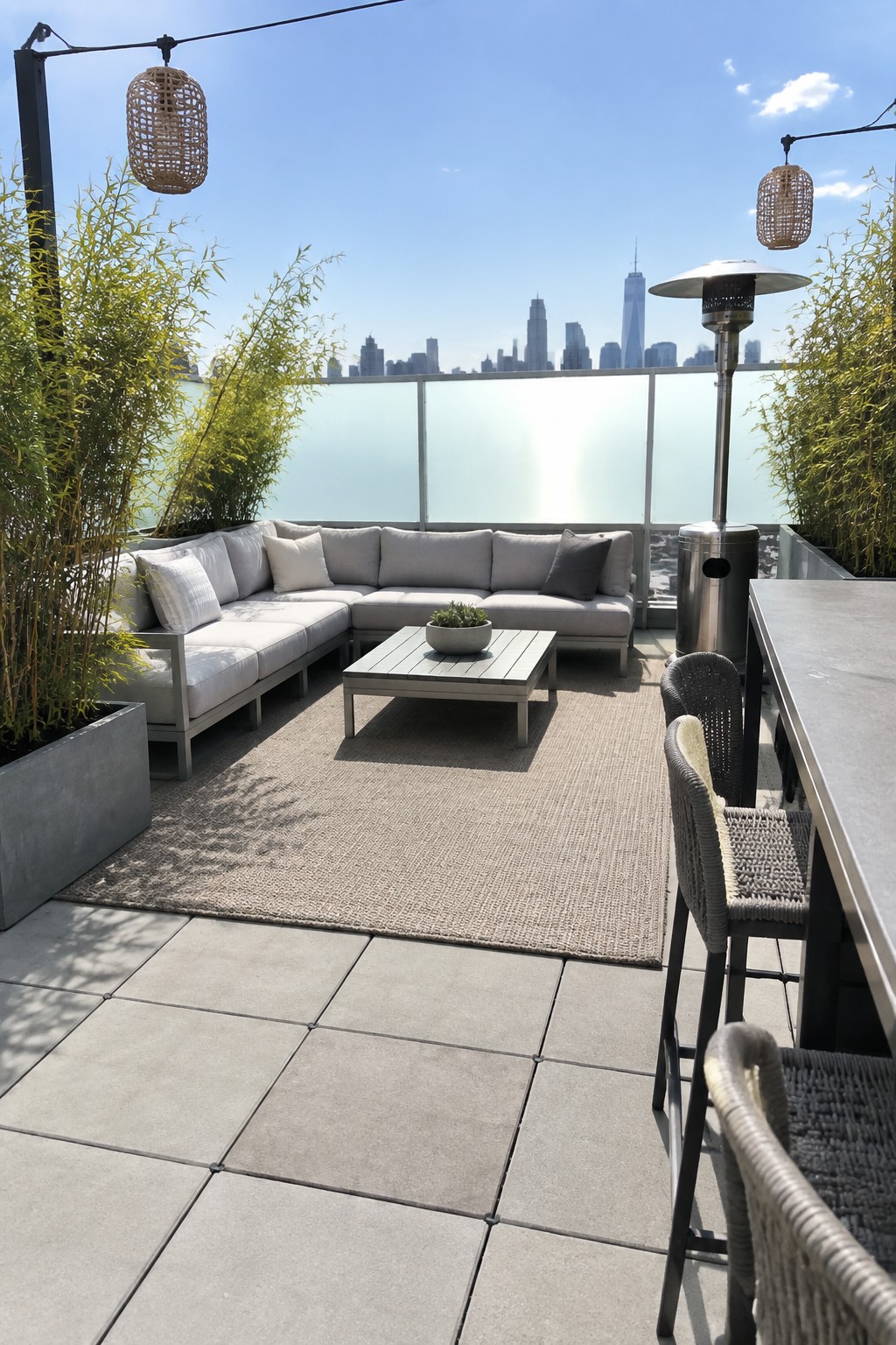 A rooftop patio covered in large gray concrete pavers, featuring an L-shaped sectional sofa, wooden coffee table, woven bar stools, and a stainless steel heater with a city skyline in the background.