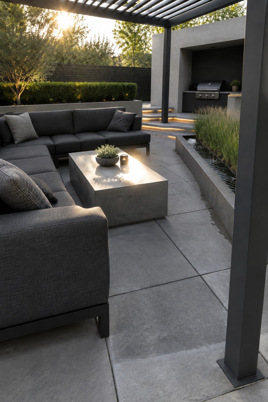 An outdoor patio covered in large gray concrete pavers features a dark sectional sofa, concrete coffee table, pergola overhead, and built-in grill area with adjacent water feature.