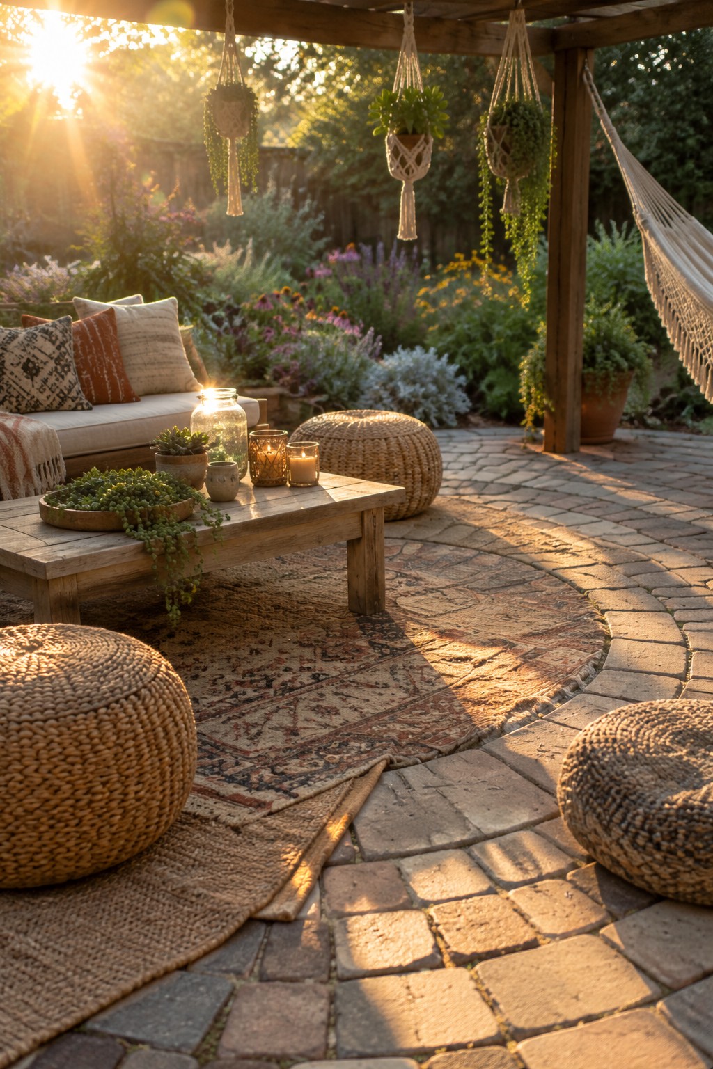 A circular concrete paver patio with a large patterned rug, low wooden table, woven poufs, candles, and hanging plants in a garden setting.