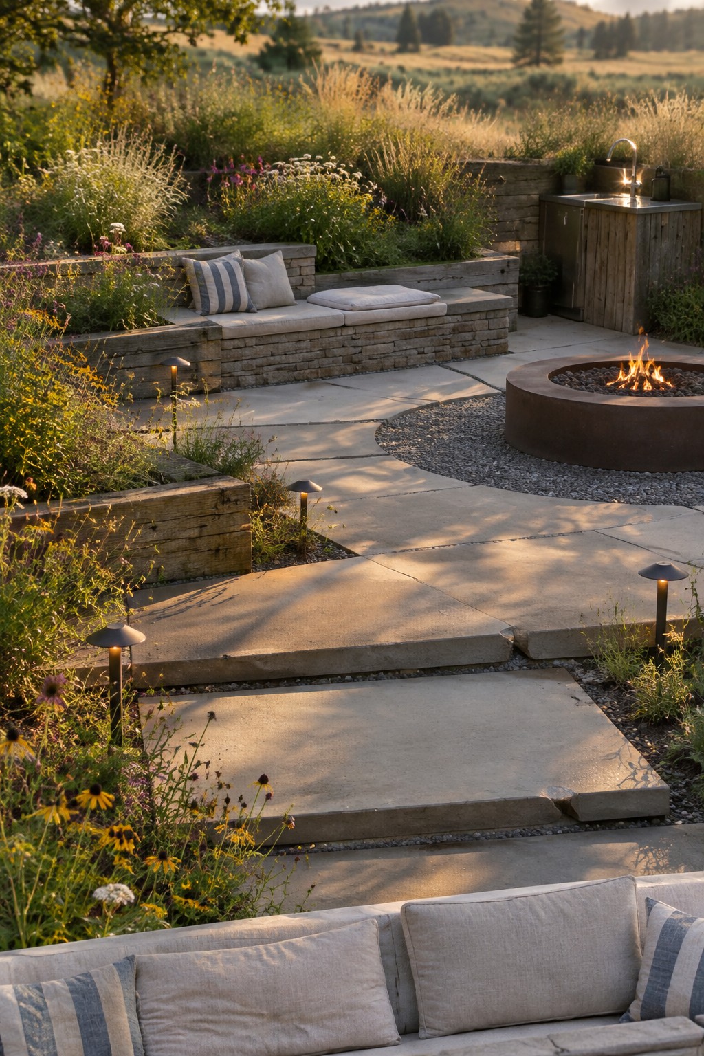 A backyard patio of large concrete pavers curves around a round fire pit set in gravel, with built-in stone seating and an outdoor kitchen area visible nearby.