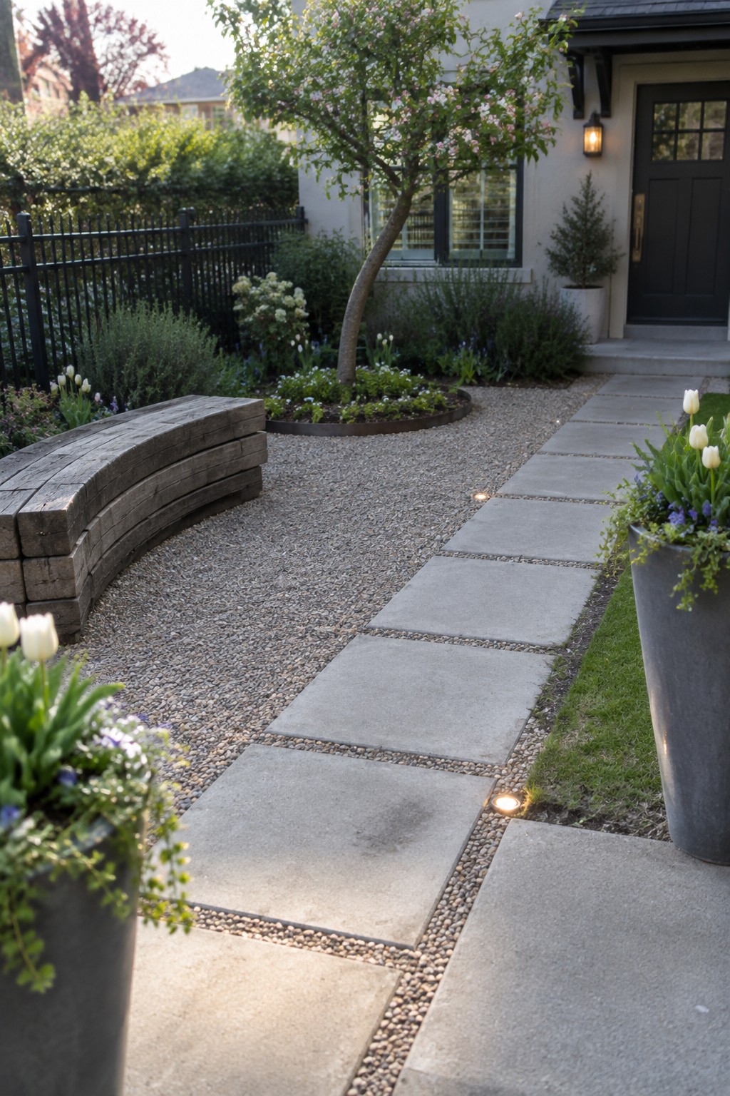 A concrete paver path with gravel borders runs beside a house, with a curved bench on the left and potted plants on the right.