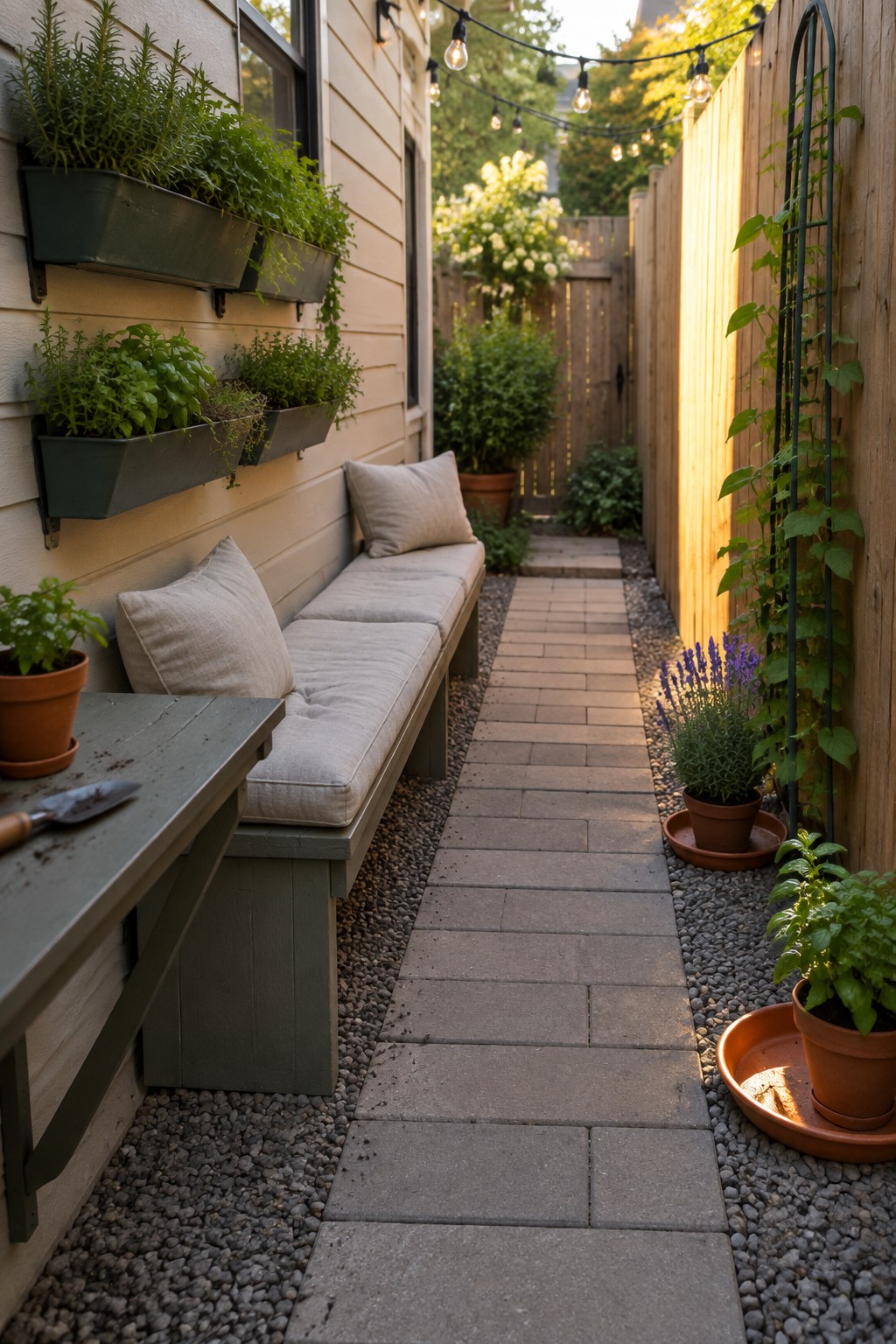 A narrow outdoor walkway lined with gray concrete pavers, bordered by gravel, with a cushioned bench against the house wall and potted plants along a wooden fence.