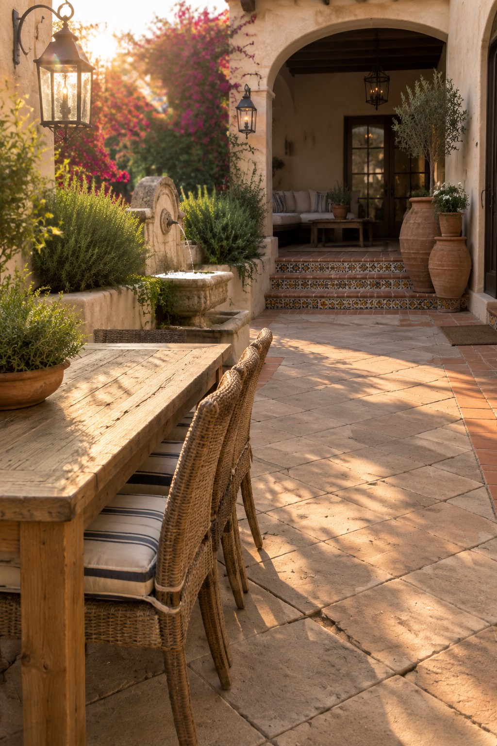 A patio of large concrete pavers with a wooden dining table and wicker chairs positioned near a stucco house with an arched doorway.