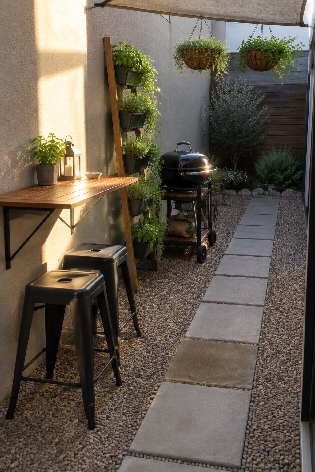 A gravel courtyard with a straight concrete paver walkway leading past a wall-mounted table, two black stools, a vertical herb planter, and a black grill on wheels.