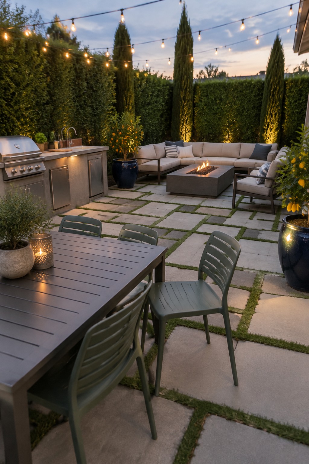 A backyard patio with square concrete pavers in a grid pattern and grass in the joints, showing an outdoor dining table with green chairs, a sectional sofa around a fire pit, and an outdoor kitchen.