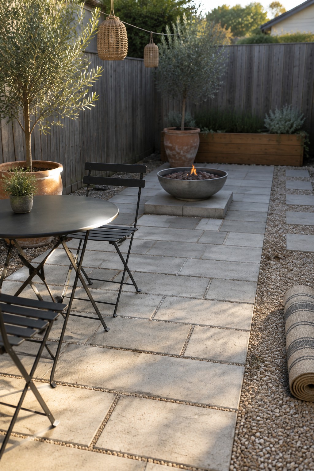 A rectangular patio of large gray concrete pavers with a metal fire pit on a raised stone base, black metal chairs, and gravel borders along a wooden fence.