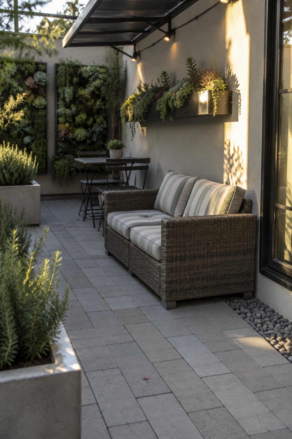 A narrow outdoor patio covered in gray concrete pavers features a brown wicker sofa with striped cushions placed against a light stucco wall with mounted planters.
