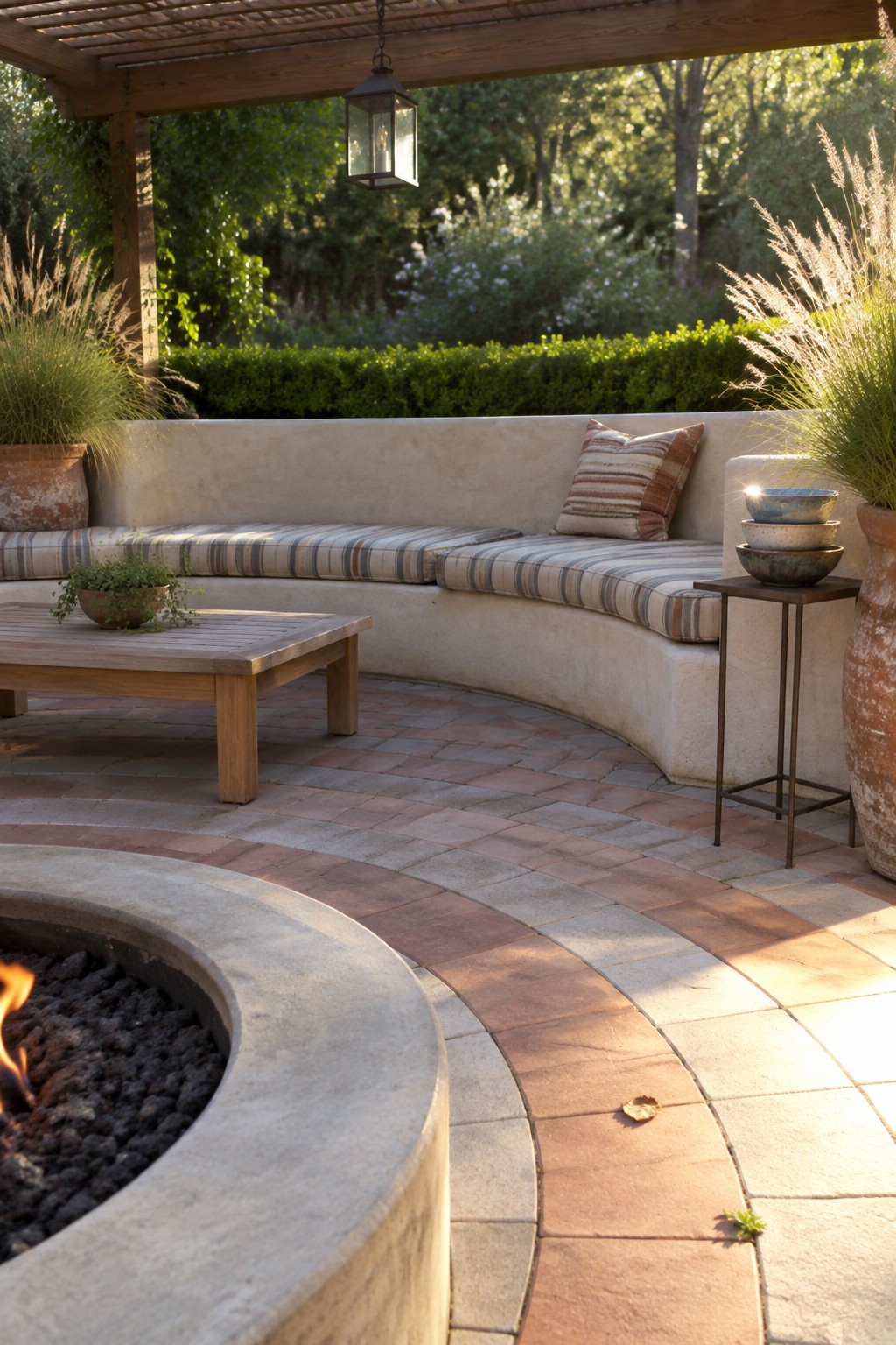 A curved paver patio with a round concrete fire pit, built-in bench seating, wooden coffee table, and side table holding stacked bowls under a wooden pergola.