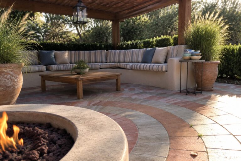 21 Beautiful Paver Patio Ideas Using Geometric Laying Patterns A curved paver patio with a round concrete fire pit, built-in bench seating, wooden coffee table, and side table holding stacked bowls under a wooden pergola.