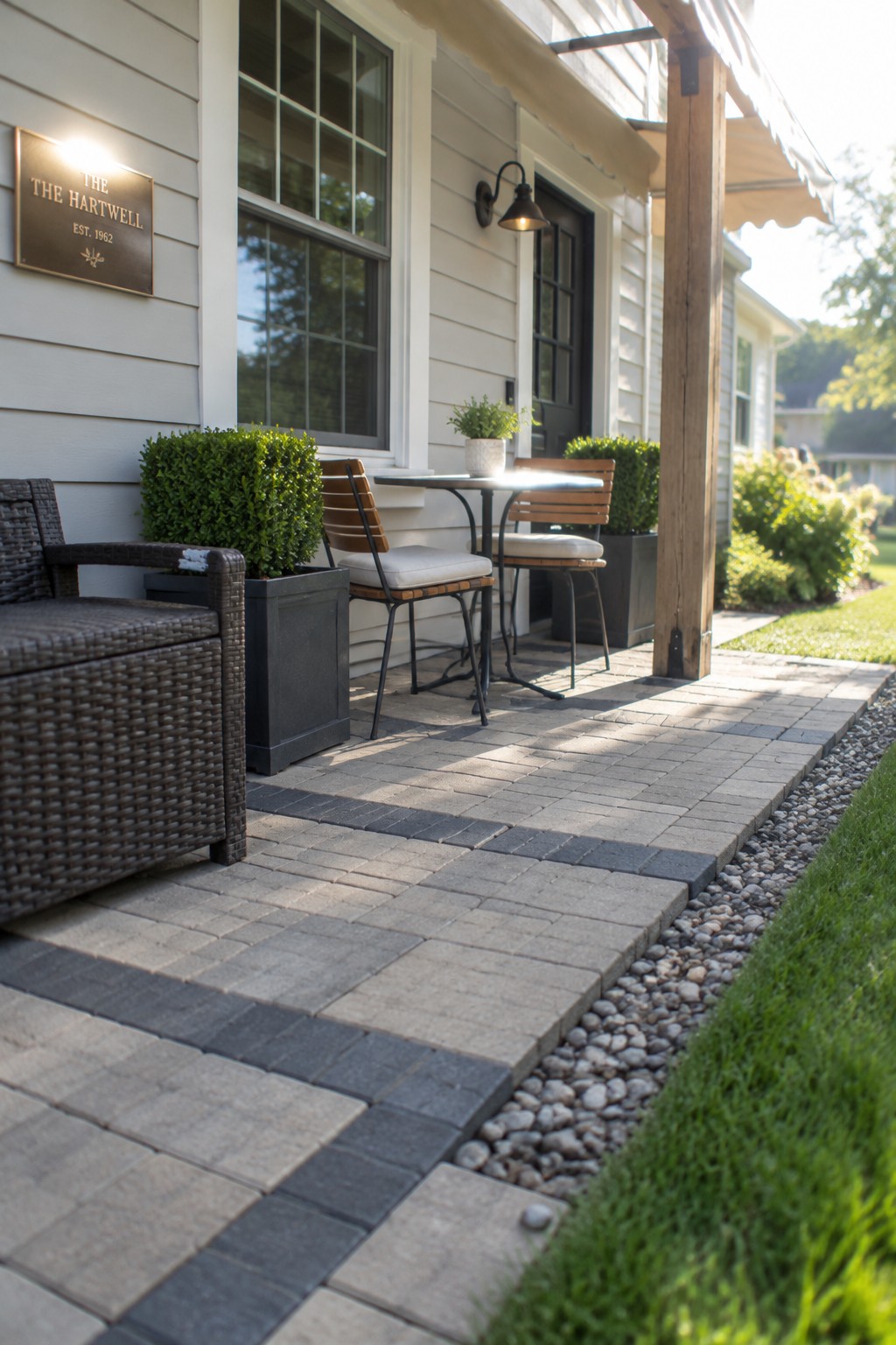 A house patio paved with light gray and dark gray pavers in geometric bands, with a wicker chair, round table and chairs, and potted shrubs along the wall.