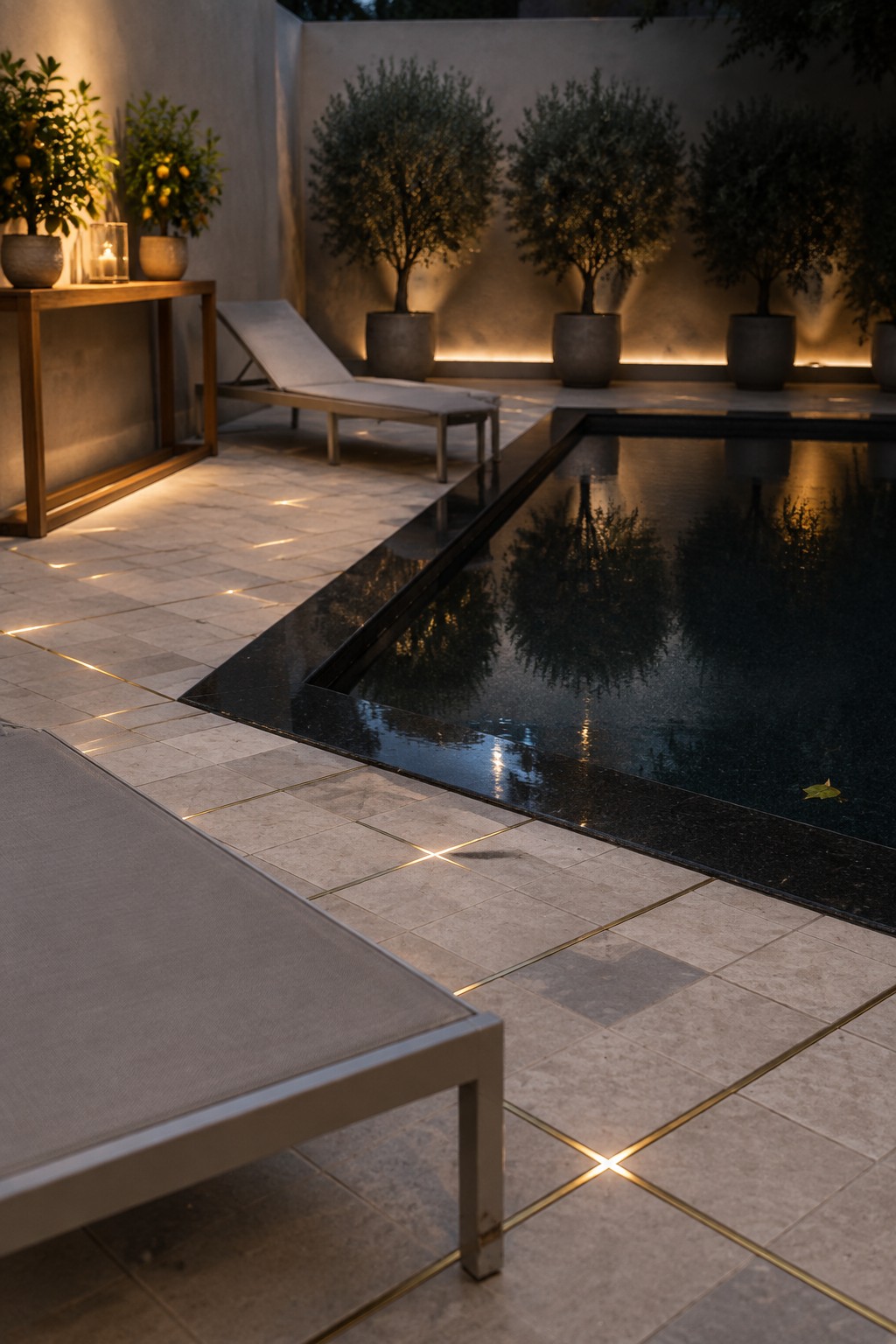 A modern outdoor pool deck at night with light stone pavers laid in a geometric grid pattern featuring thin gold inlay lines, bordered by potted trees and lounge chairs.