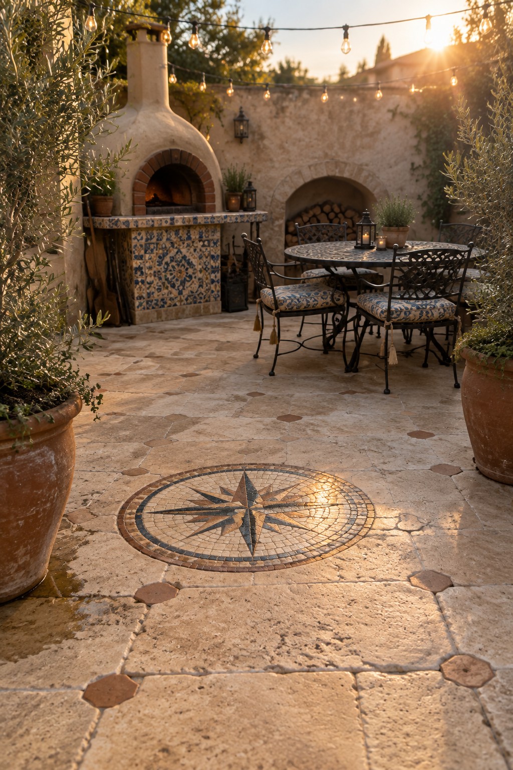 A stone paver patio with a central compass rose mosaic inlay, surrounded by a dining table and chairs, a built-in pizza oven, and string lights overhead.