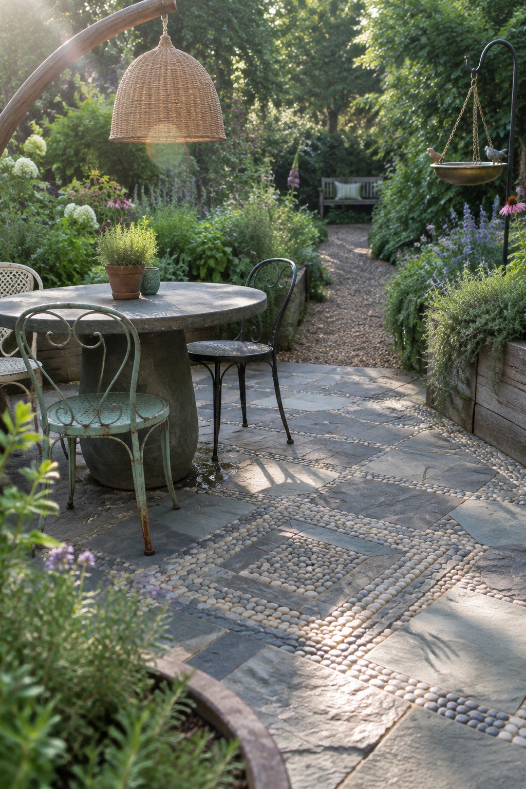 Sunlit garden patio with round stone table, vintage chairs, woven lamp, and pebble path.