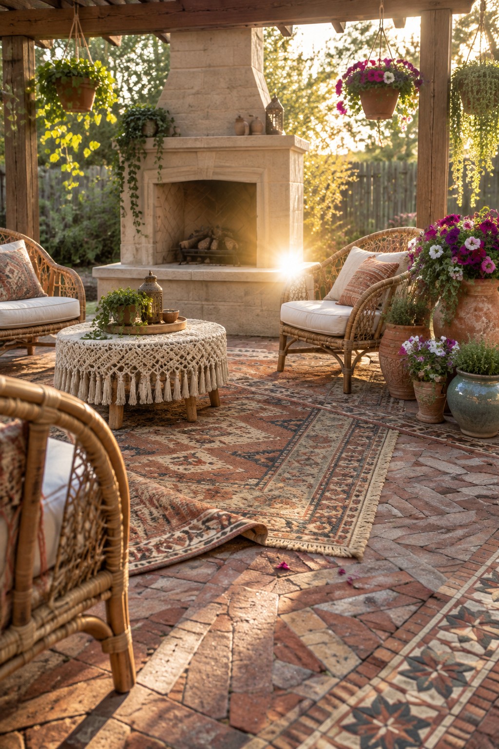 Outdoor patio with geometric patterned brick pavers, stone fireplace, wicker seating, layered rugs, and potted plants.