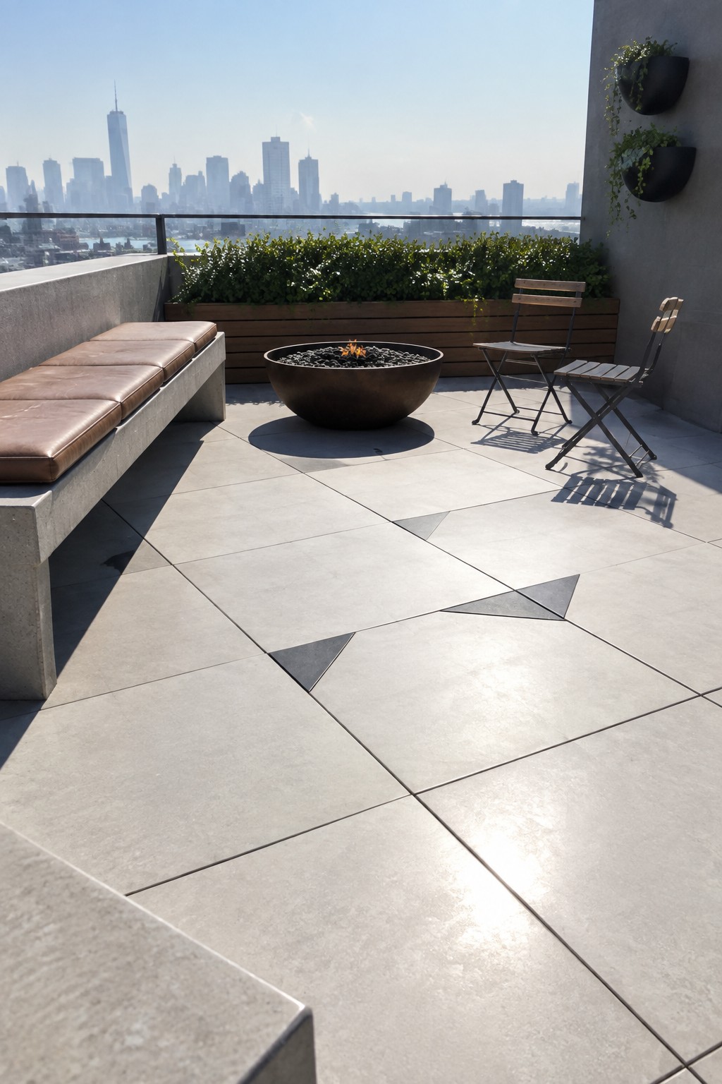 A rooftop patio with large light gray pavers arranged in a geometric pattern that includes dark triangular accents, a round fire pit, a concrete bench with cushions, folding chairs, and a city skyline in the background.