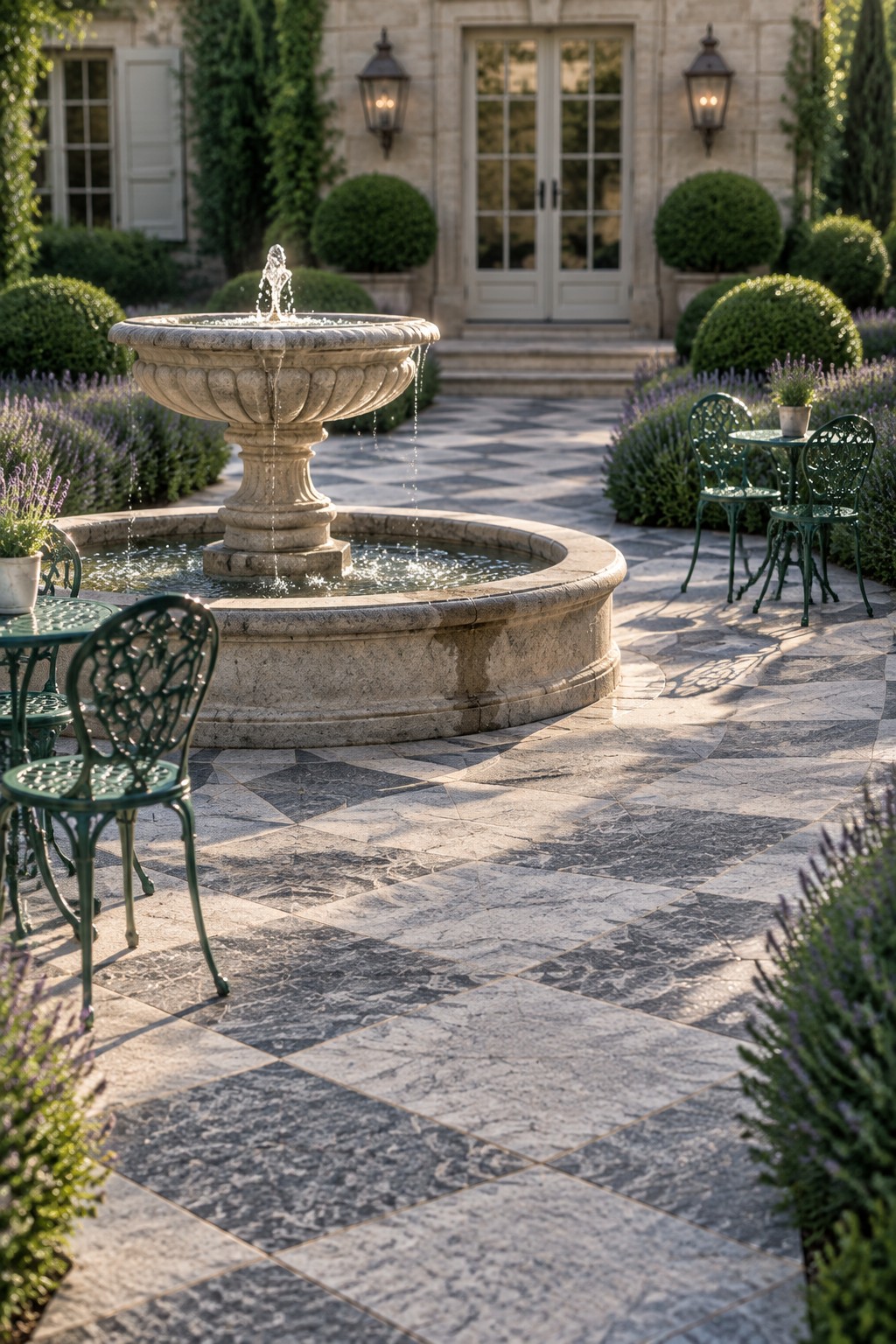 A large circular stone fountain sits on a patio paved in a gray geometric diamond pattern, with green metal chairs and lavender plants along the edges.