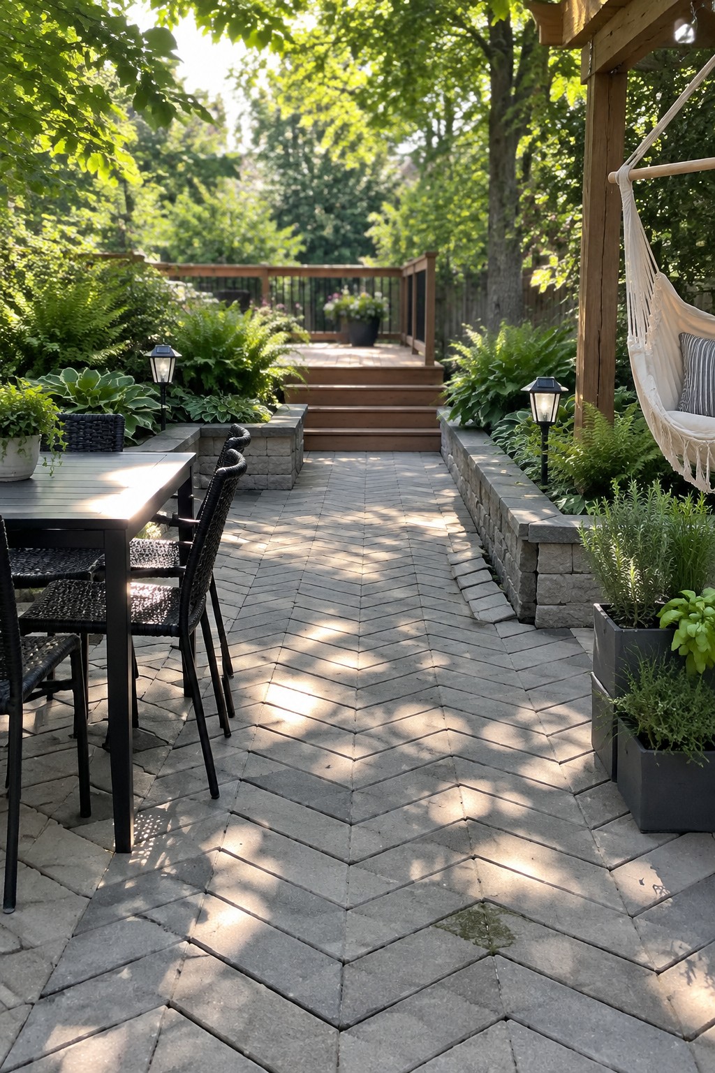 A backyard patio with gray herringbone pavers, an outdoor dining set on the left, stone retaining walls with greenery, wooden deck stairs in the background, and a hammock hanging on the right.