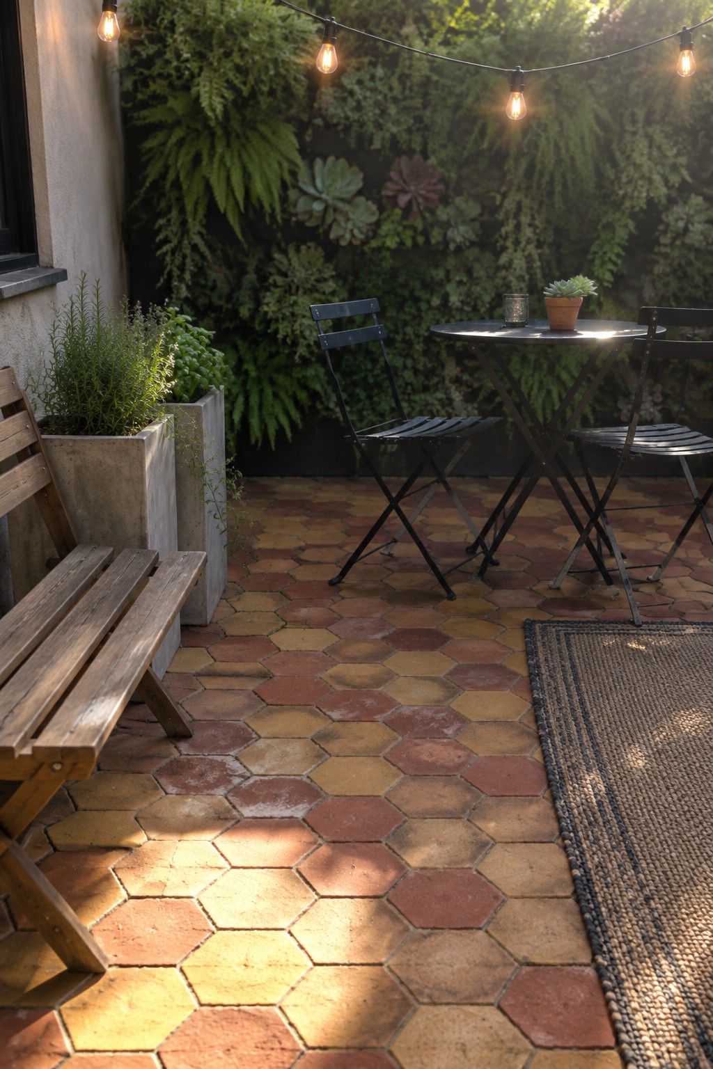 A patio with hexagonal pavers in shades of red, orange, and tan, black metal chairs around a round table, and a woven rug on the right side.