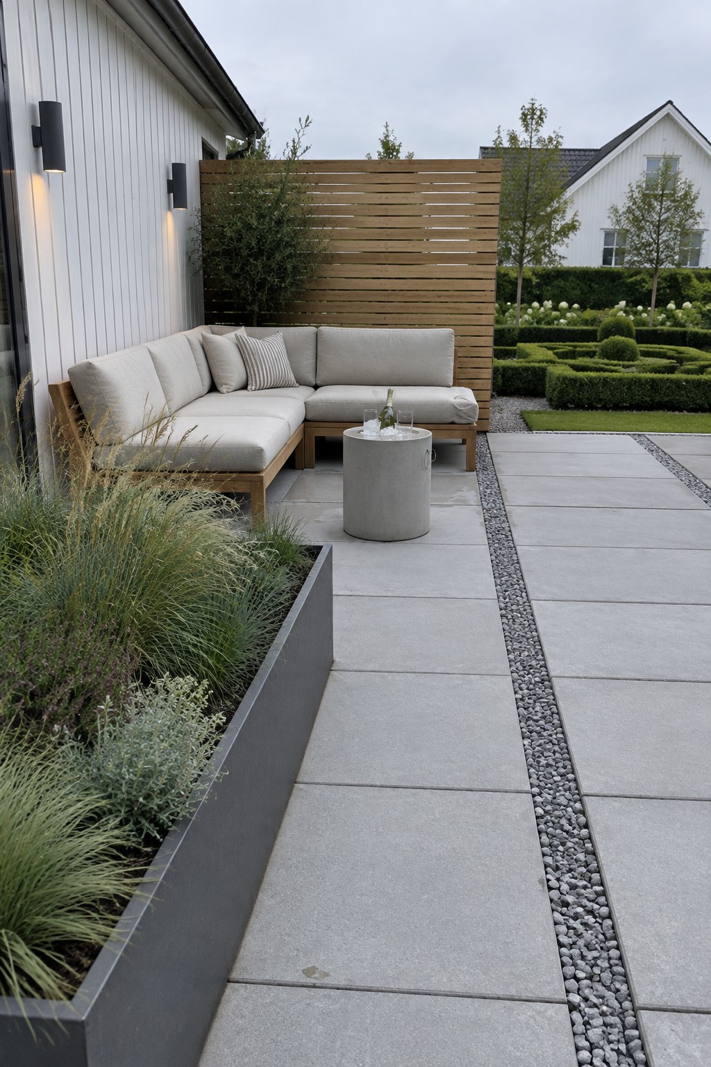 Modern L-shaped outdoor sofa with beige cushions beside concrete table on stone patio