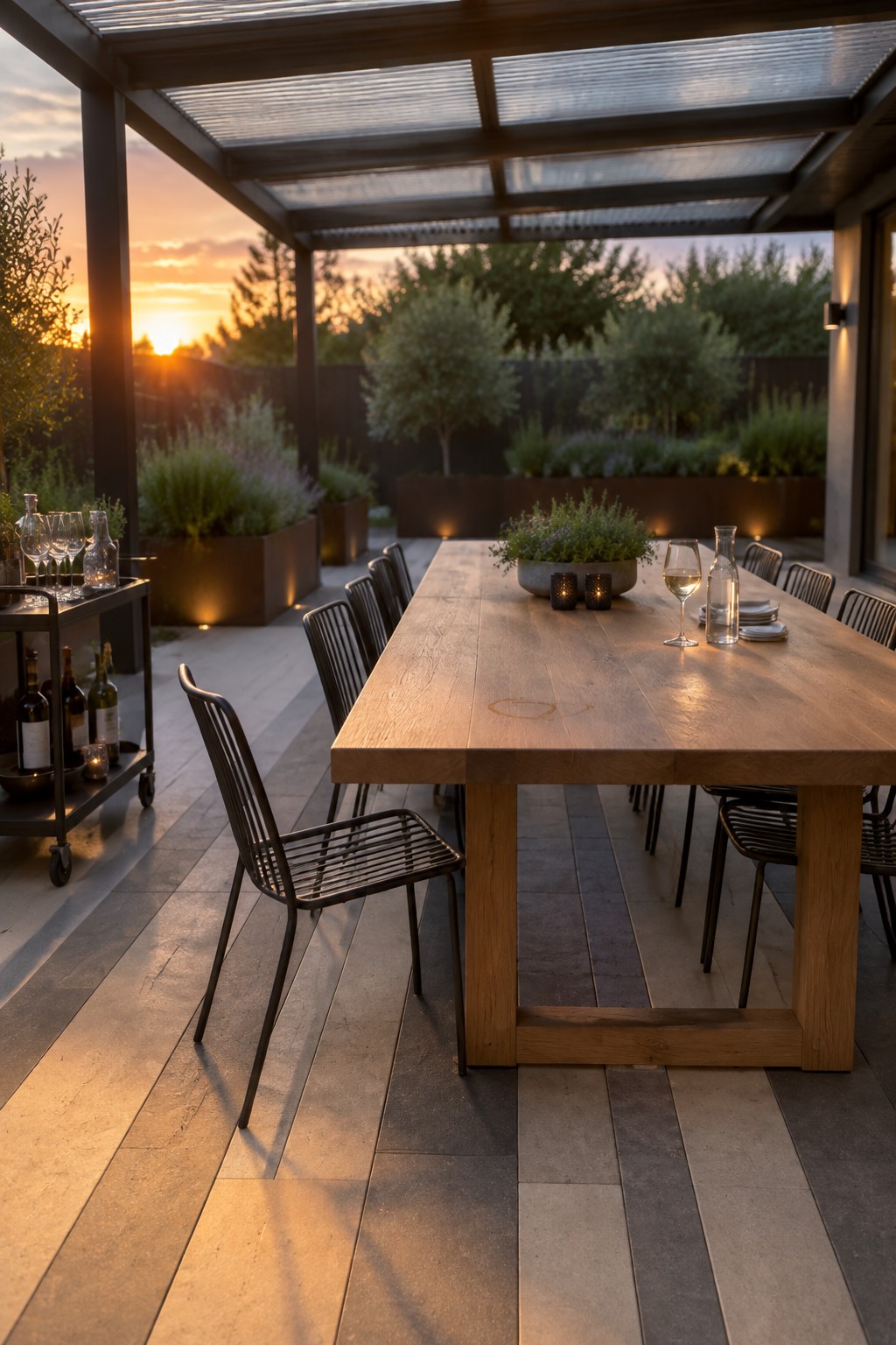 Long wooden patio table with black chairs and wine at sunset