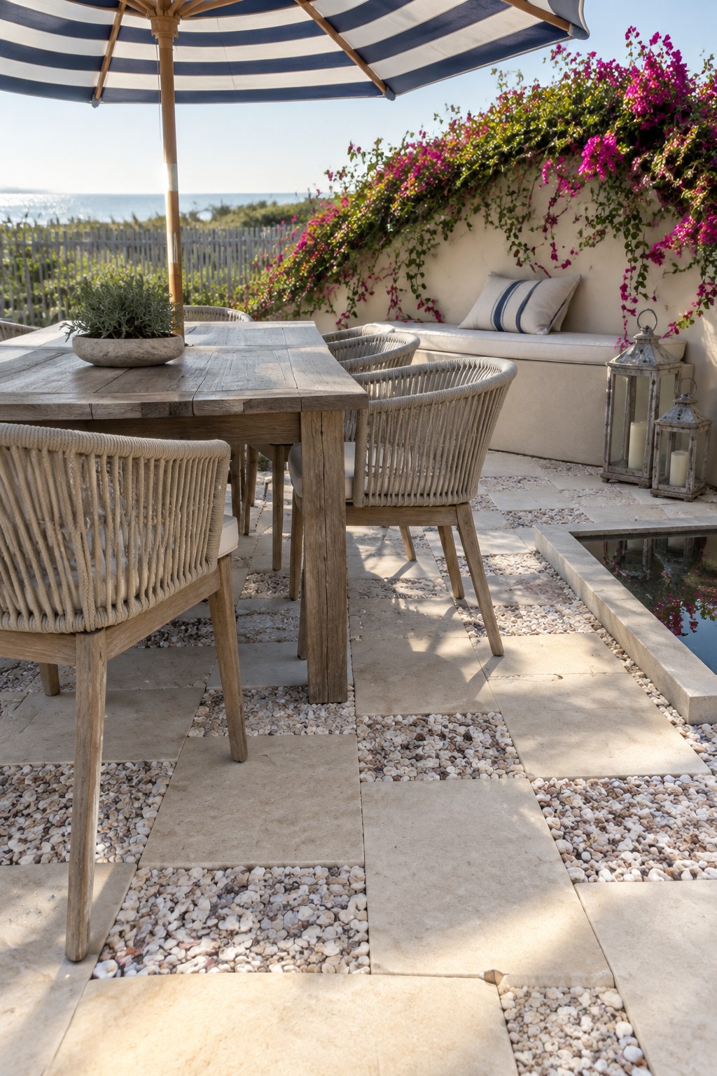 A patio dining setup with a wooden table, woven chairs, and a striped umbrella on a geometric surface of large square pavers alternating with pebble-filled sections, beside a bougainvillea-covered wall and small pool.