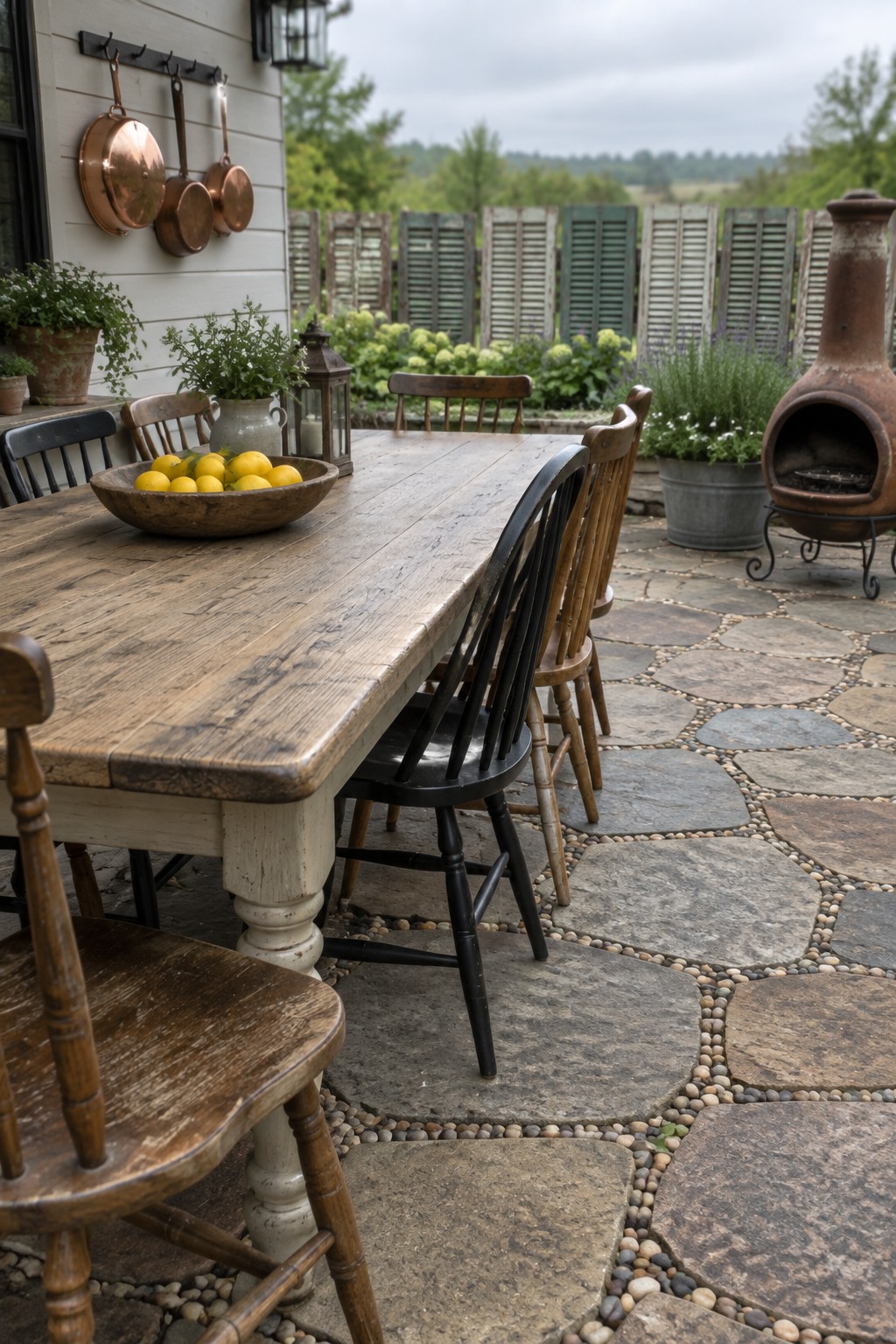A wooden dining table with assorted chairs sits on a patio of irregular geometric stone pavers bordered by smaller pebbles, with a clay oven and potted plants nearby.