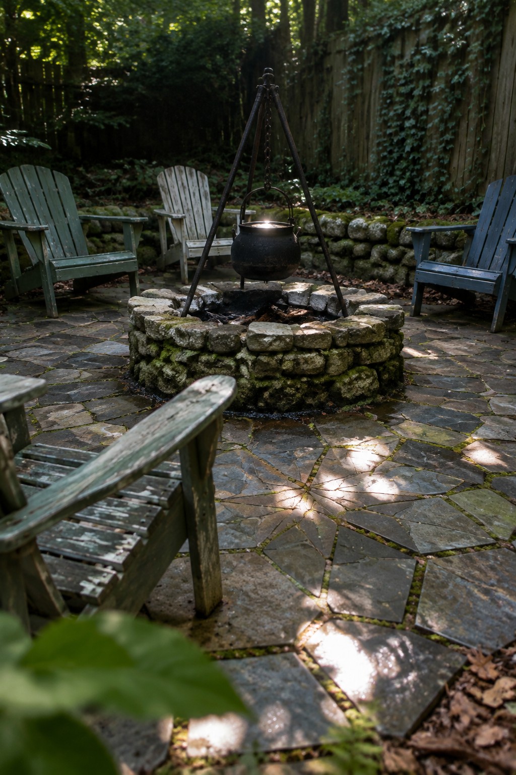 A circular stone fire pit with a hanging black cauldron sits at the center of a patio paved in a radial geometric pattern, surrounded by wooden Adirondack chairs in a wooded setting.