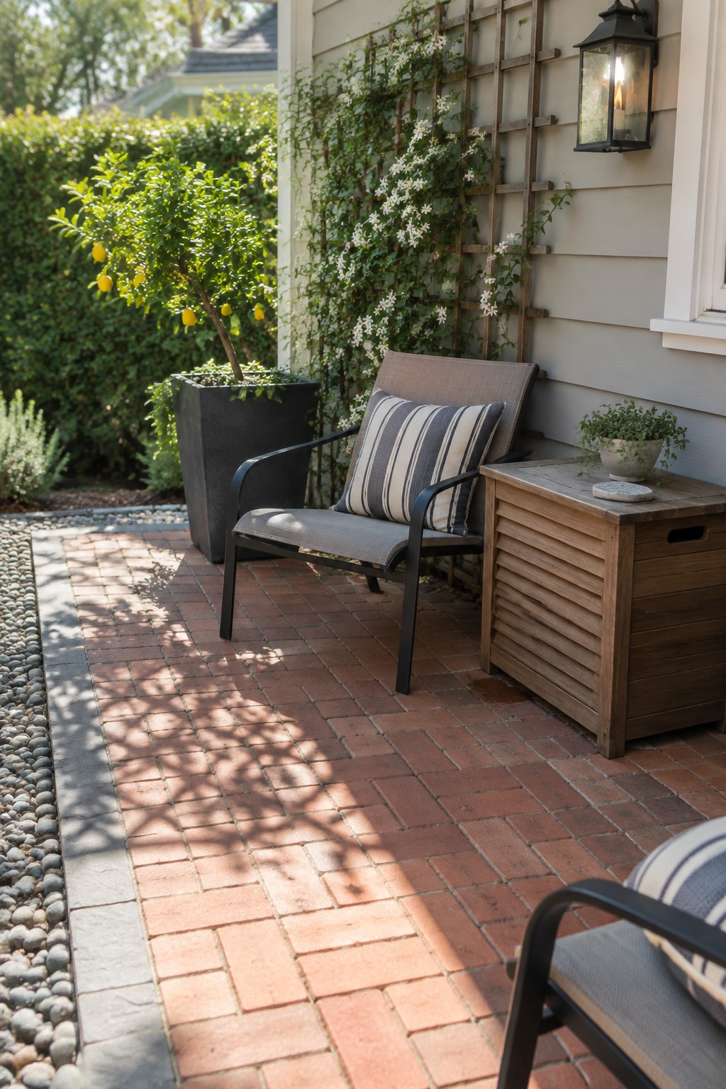 A red brick patio laid in a running bond pattern with a gray stone border, an outdoor chair with a striped cushion, and a wooden side table.