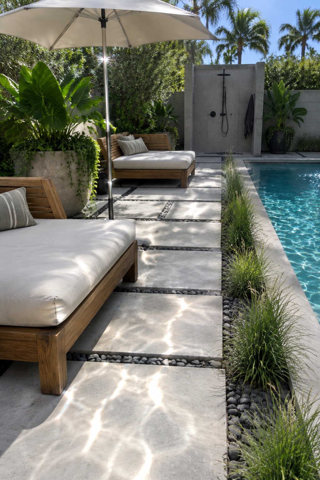 A modern outdoor patio with large rectangular concrete pavers laid in a staggered geometric pattern, bordered by river pebbles and ornamental grass, next to a swimming pool with wooden lounge chairs and a white umbrella.