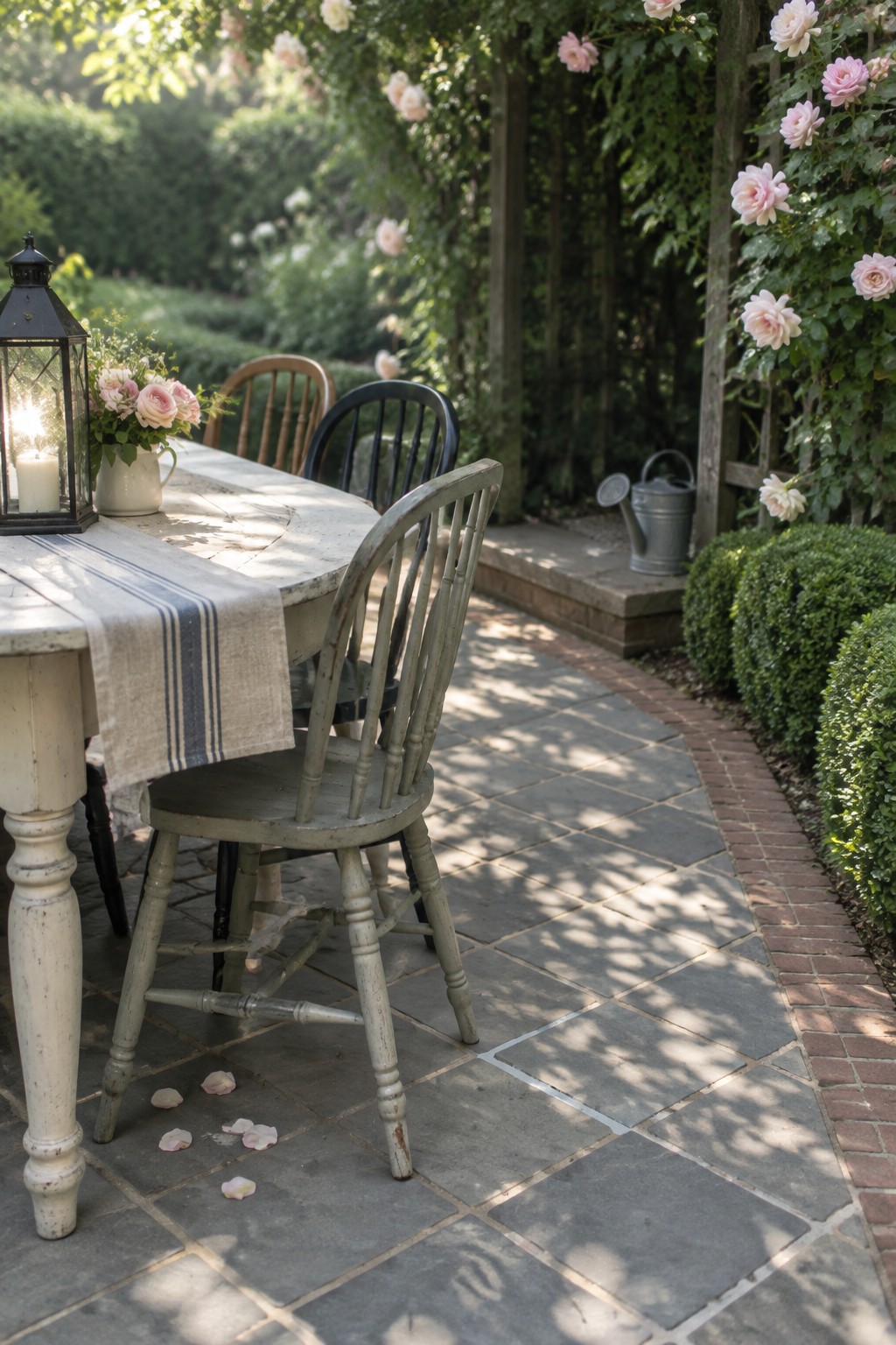 A stone patio with large gray pavers in a geometric grid pattern bordered by red bricks, set with a weathered wooden table, mismatched chairs, a lantern, and climbing roses nearby.