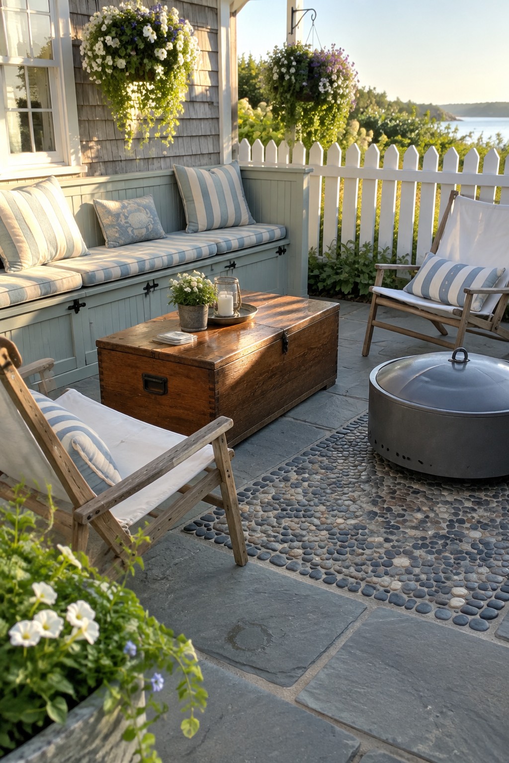 Outdoor patio scene with a wooden storage chest serving as a coffee table, surrounded by striped cushioned chairs, a metal fire pit, and stone pavers.