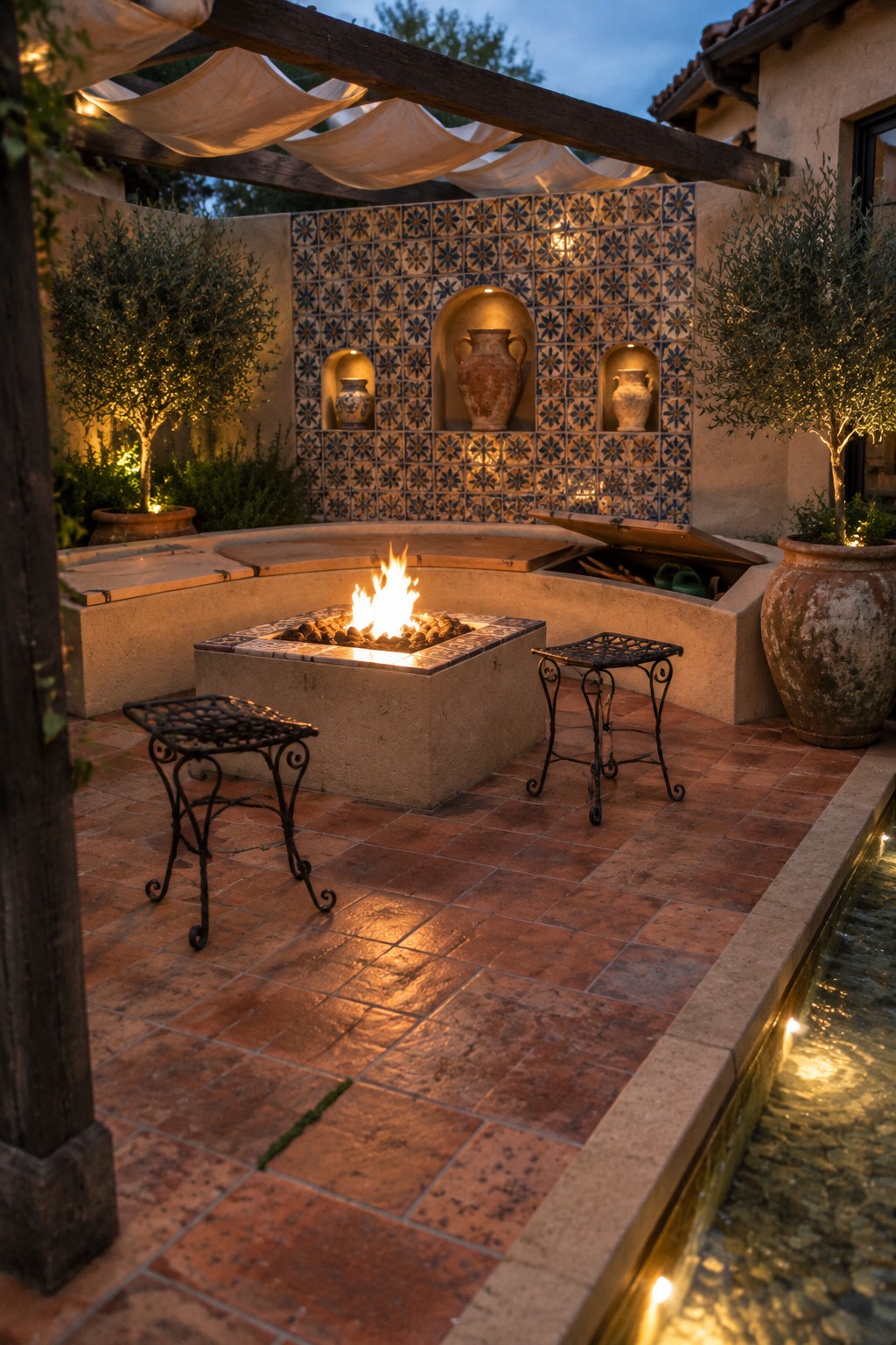 Mediterranean patio with fire pit, mosaic tiled wall, pottery niches, metal stools and water feature.