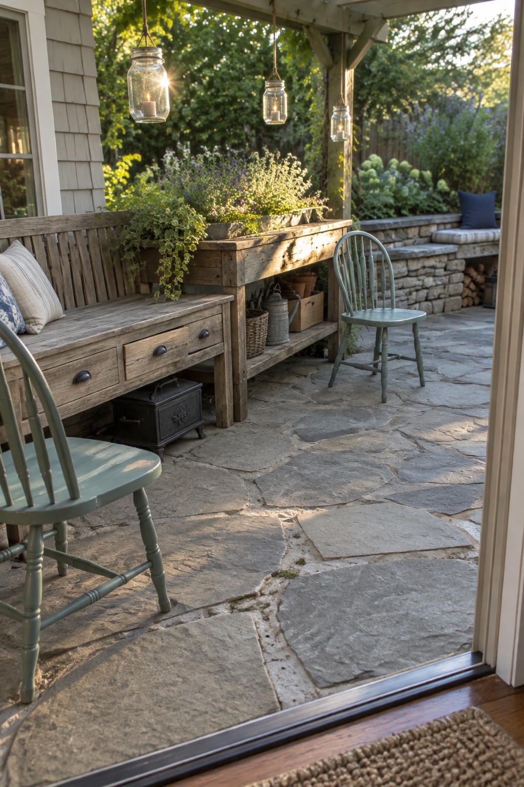 A stone patio featuring a long wooden bench with multiple drawers, two green wooden chairs, hanging mason jar lights, and potted plants along the edge.