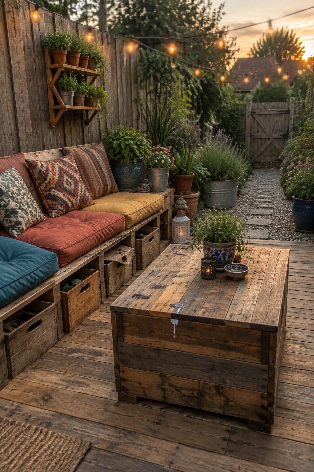 A small wooden deck patio with a pallet bench holding red and patterned cushions, a large wooden trunk used as a table, string lights overhead, and potted plants along a gravel path.