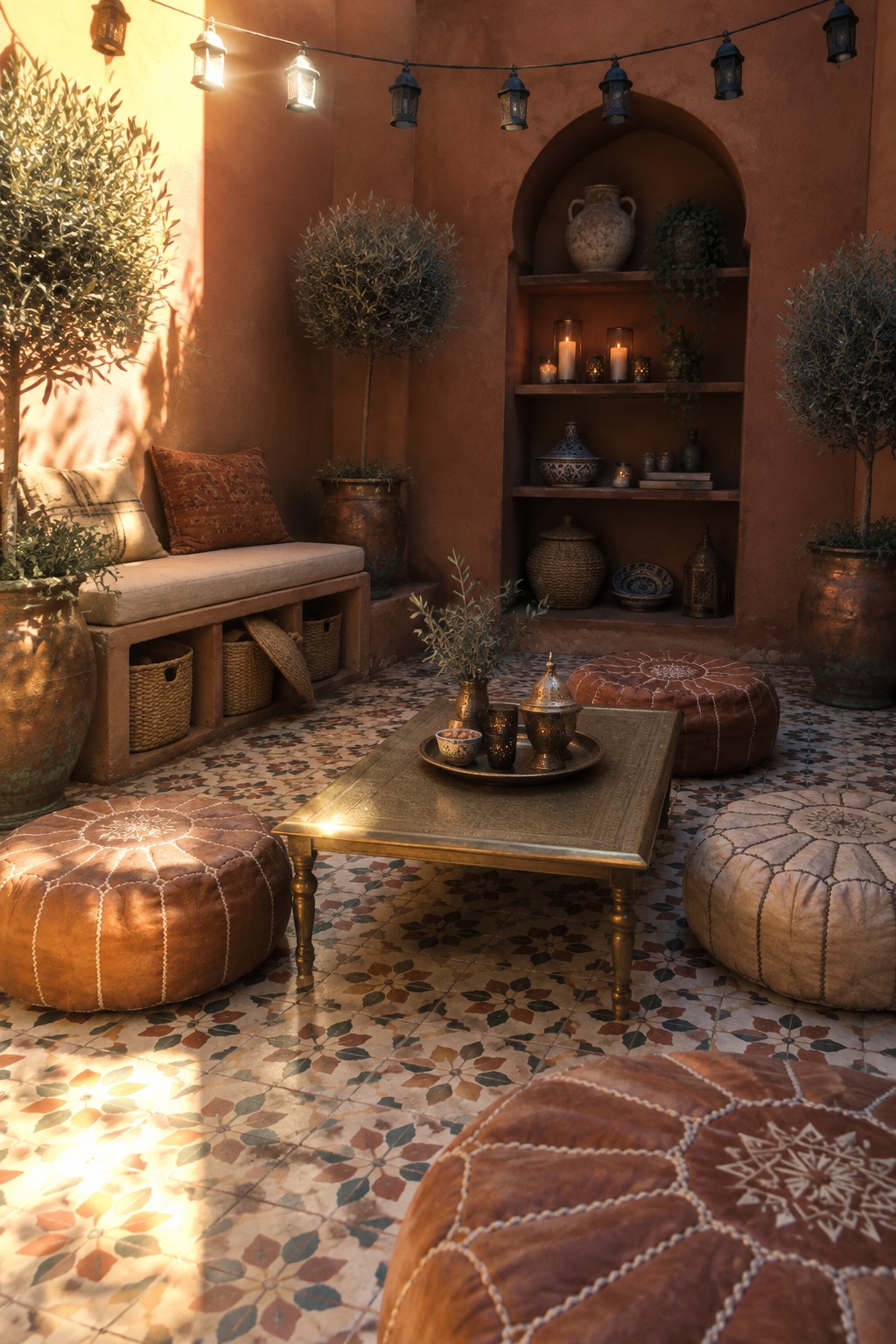 A compact outdoor patio featuring a patterned tile floor, low seating with brown leather poufs, a brass coffee table, and an arched wall niche with shelves displaying pottery, candles, and plants.